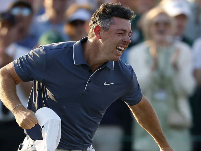 AUGUSTA, GEORGIA - APRIL 13: Rory McIlroy of Northern Ireland celebrates winning the 2025 Masters Tournament after the first playoff hole on the 18th green at Augusta National Golf Club on April 13, 2025 in Augusta, Georgia.