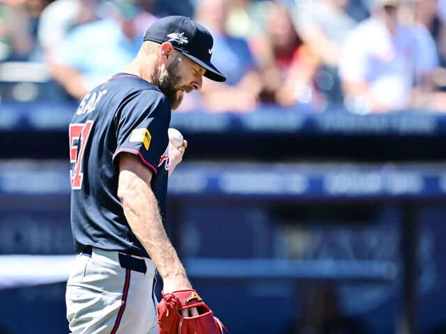 TAMPA, FLORIDA - APRIL 13: Chris Sale #51 of the Atlanta Braves reacts in the fifth inning against the Tampa Bay Rays at George M. Steinbrenner Field on April 13, 2025 in Tampa, Florida.