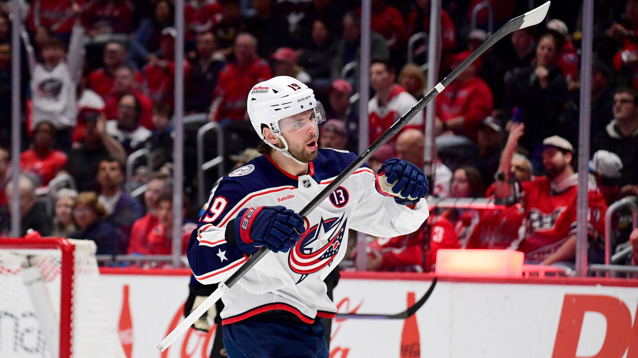 WASHINGTON, DC - APRIL 13: Blue Jackets center Adam Fantilli (19) celebrates after scoring his second goal of the game during the Columbus Blue Jackets versus Washington Capitals National Hockey League game on April 13, 2025 at Capital One Arena in Washington, D.C..