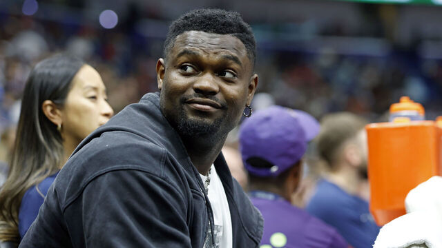 NEW ORLEANS, LOUISIANA - APRIL 13: Zion Williamson #1 of the New Orleans Pelicans sits on the bench during the first half of a game against the Oklahoma City Thunder at Smoothie King Center on April 13, 2025 in New Orleans, Louisiana.