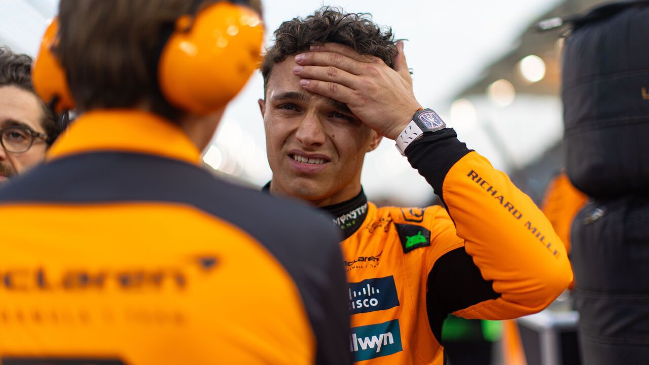 BAHRAIN, BAHRAIN - APRIL 13: Lando Norris of Great Britain and McLaren speaks with his engineer in the pit lane during the F1 Grand Prix of Bahrain at Bahrain International Circuit on April 13, 2025 in Bahrain, Bahrain.