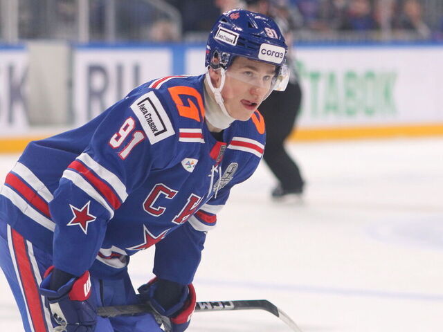 SAINT PETERSBURG, RUSSIA - 2025/03/31: Ivan Demidov (91) of SKA Hockey Club seen in action during the Hockey match, Kontinental Hockey League 2024/2025, Gagarin Cup 1/8 finals, 3rd match, between SKA Saint Petersburg and Dynamo Moscow at the SKA Arena. (Final score; SKA Saint Petersburg 5:3 Dynamo Moscow, The score in the series: SKA Saint Petersburg 1:2 Dynamo Moscow).