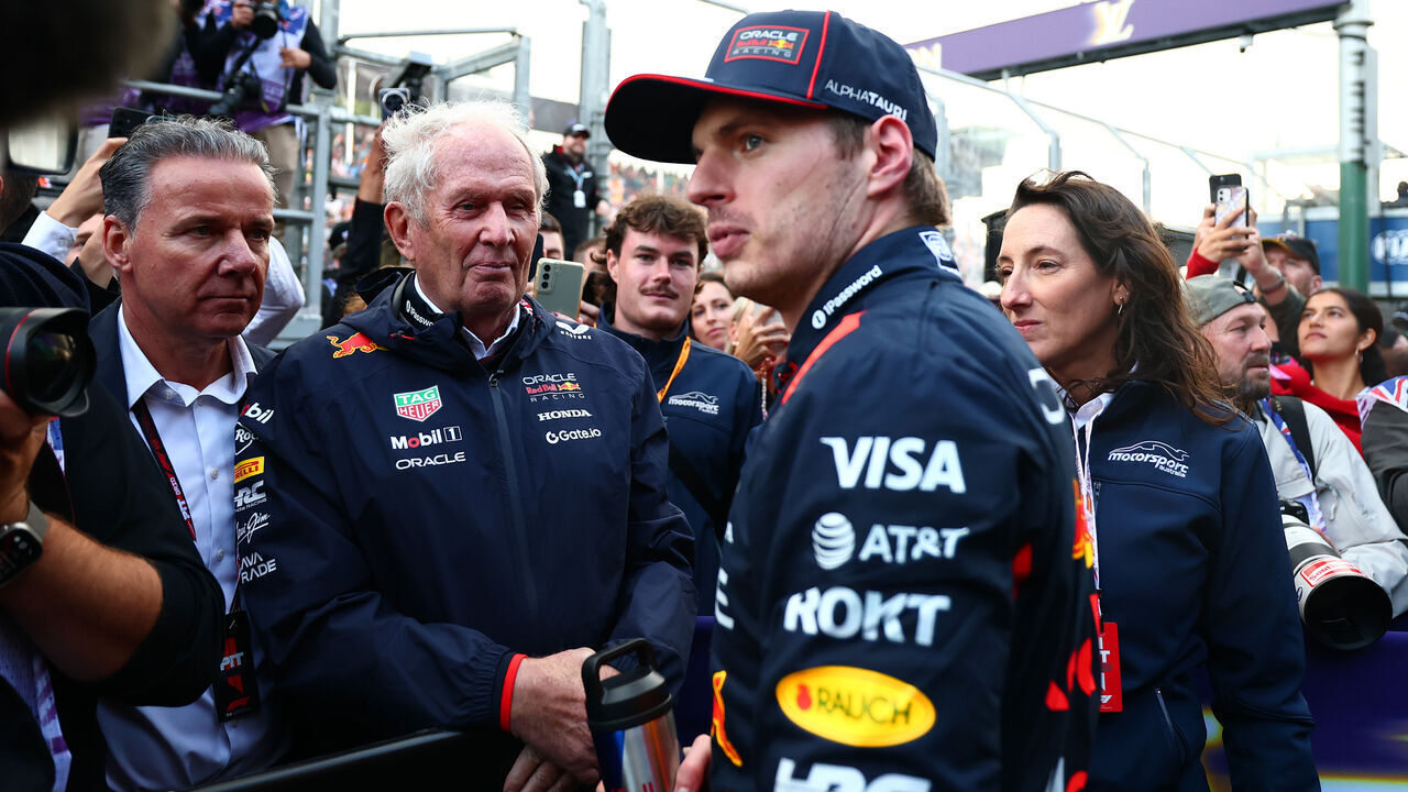 MELBOURNE, AUSTRALIA - MARCH 16: Raymond Vermeulen, Manager of Max Verstappen, Dr Helmut Marko, Team Consultant of Oracle Red Bull Racing and Second placed Max Verstappen of the Netherlands and Oracle Red Bull Racing in parc ferme during the F1 Grand Prix of Australia at Albert Park Grand Prix Circuit on March 16, 2025 in Melbourne, Australia.