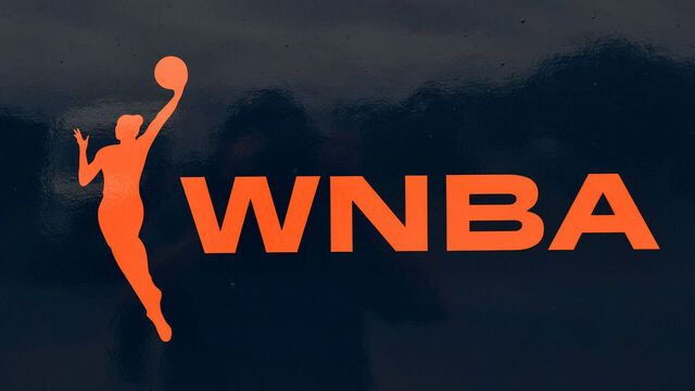 KINGSTON, RI - AUGUST 08: A detail view of the WNBA logo on the Connecticut Sun bus outside Connecticut Sun practice on August 8, 2024, at the Soloviev Basketball Practice Facility at the University of Rhode Island in Kingston, RI.