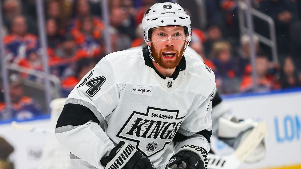 EDMONTON, AB - JANUARY 13 Los Angeles Kings Defenceman Vladislav Gavrikov (84) calls for coverage in the third period of the Edmonton Oilers game versus the Los Angeles Kings on January 13, 2025 at Rogers Place in Edmonton, AB.
