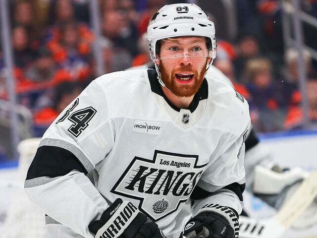 EDMONTON, AB - JANUARY 13 Los Angeles Kings Defenceman Vladislav Gavrikov (84) calls for coverage in the third period of the Edmonton Oilers game versus the Los Angeles Kings on January 13, 2025 at Rogers Place in Edmonton, AB.