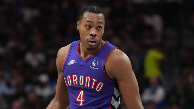 DALLAS, TX - APRIL 11: Scottie Barnes #4 of the Toronto Raptors dribbles the ball during the game against the Dallas Mavericks on April 11, 2025 at American Airlines Center in Dallas, Texas. Mandatory Copyright Notice: Copyright 2025 NBAE