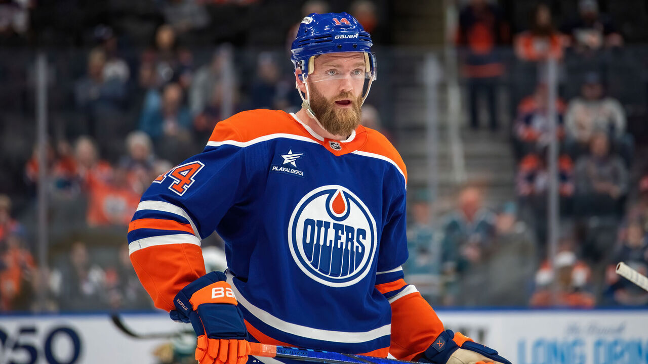 EDMONTON, CANADA - APRIL 11: Mattias Ekholm #14 of the Edmonton Oilers warms up prior to the game against the San Jose Sharks at Rogers Place on April 11, 2025, in Edmonton, Alberta, Canada.