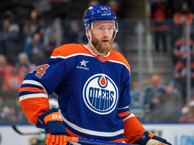 EDMONTON, CANADA - APRIL 11: Mattias Ekholm #14 of the Edmonton Oilers warms up prior to the game against the San Jose Sharks at Rogers Place on April 11, 2025, in Edmonton, Alberta, Canada.