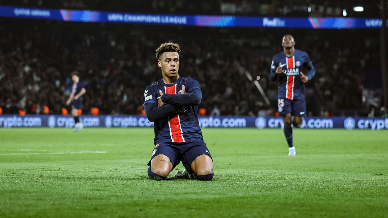 PARIS, FRANCE - APRIL 09: Desire Doue of Paris Saint-Germain celebrates after scoring his teams first goal during the UEFA Champions League 2024/25 Quarter Final First Leg match between Paris Saint-Germain and Aston Villa FC at Parc des Princes on April 09, 2025 in Paris, France.