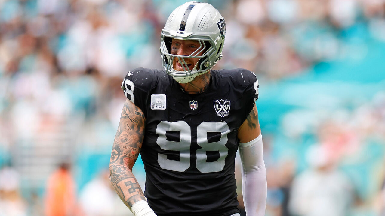 MIAMI GARDENS, FLORIDA - NOVEMBER 17: Maxx Crosby #98 of the Las Vegas Raiders celebrates during the first half against the Miami Dolphins at Hard Rock Stadium on November 17, 2024 in Miami Gardens, Florida.