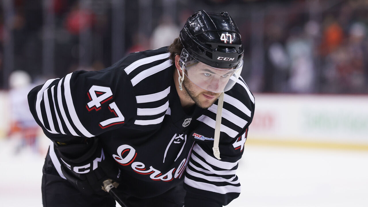 NEWARK, NJ - APRIL 13: New Jersey Devils center Paul Cotter (47) warms up before a NHL game between the New York Islanders and New Jersey Devils at Prudential Center on April 13, 2025 in Newark, New Jersey.