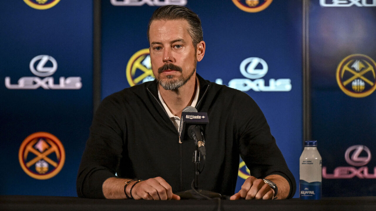 DENVER, CO - APRIL 14: President Josh Kroenke of the Denver Nuggets speaks about the recent firings of former head coach Michael Malone and general manager Calvin Booth at Ball Arena on Monday, April, 14, 2025.