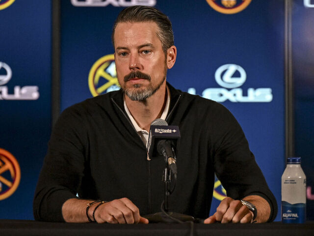 DENVER, CO - APRIL 14: President Josh Kroenke of the Denver Nuggets speaks about the recent firings of former head coach Michael Malone and general manager Calvin Booth at Ball Arena on Monday, April, 14, 2025.