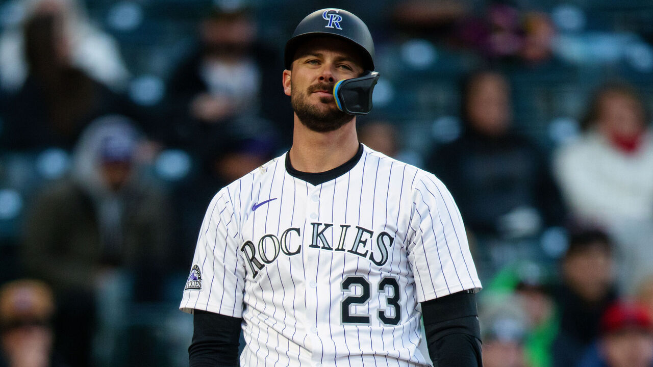 DENVER, CO - APRIL 5: Kris Bryant #23 of the Colorado Rockies reacts after striking out in the third inning against the Athletics at Coors Field on April 5, 2025 in Denver, Colorado.