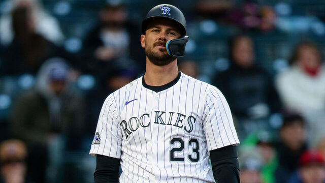 DENVER, CO - APRIL 5: Kris Bryant #23 of the Colorado Rockies reacts after striking out in the third inning against the Athletics at Coors Field on April 5, 2025 in Denver, Colorado.
