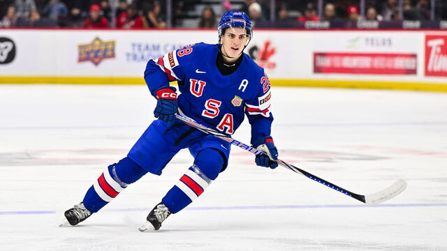 OTTAWA, CANADA - JANUARY 02: Zeev Buium #28 of Team USA skates in the first period against Team Switzerland of the quarterfinals match during the 2025 IIHF World Junior Championship at Canadian Tire Centre on January 2, 2025 in Ottawa, Ontario, Canada. Team USA defeated Team Switzerland 7-2.