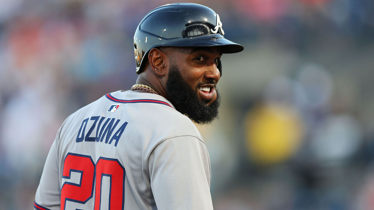 TAMPA, FL - APRIL 11: Marcell Ozuna #20 of the Atlanta Braves smiles on third base in the first inning during the game between the Atlanta Braves and the Tampa Bay Rays at George M. Steinbrenner Field on Friday, April 11, 2025 in Tampa, Florida.