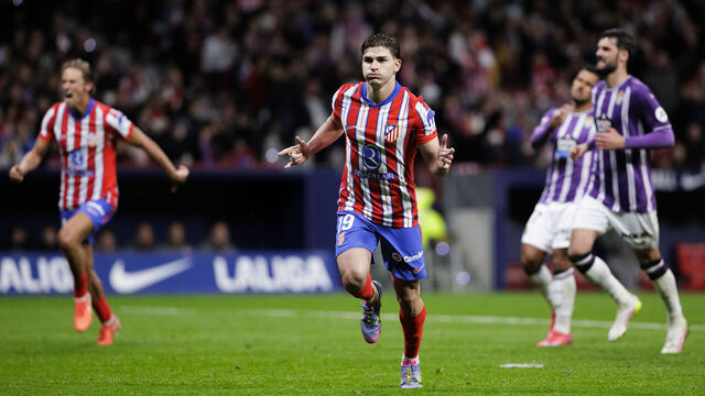 Julian Alvarez of Atletico de Madrid celebrates a goal during the La Liga 2024/25 match between Atletico de Madrid and Valladolid at Riyadh Air Metropolitano Stadium in Madrid, Spain, on April 14.