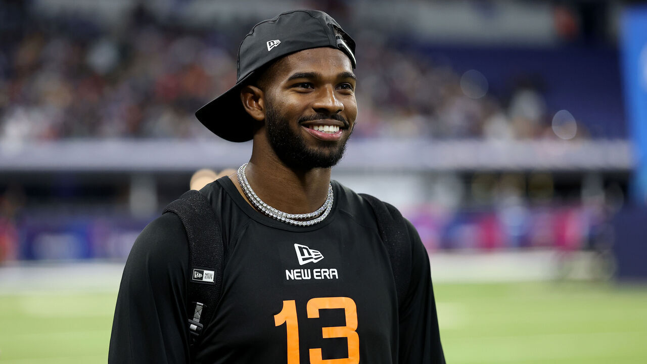 INDIANAPOLIS, INDIANA - MARCH 01: Shedeur Sanders #QB13 of Colorado looks on during the NFL Scouting Combine at Lucas Oil Stadium on March 01, 2025 in Indianapolis, Indiana.