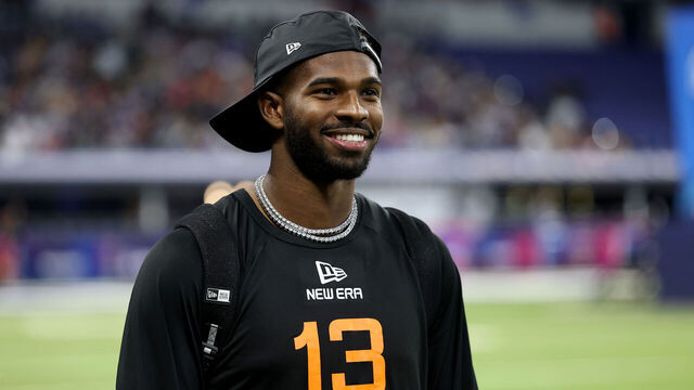 INDIANAPOLIS, INDIANA - MARCH 01: Shedeur Sanders #QB13 of Colorado looks on during the NFL Scouting Combine at Lucas Oil Stadium on March 01, 2025 in Indianapolis, Indiana.