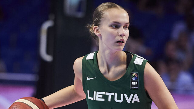 MADRID, SPAIN - JULY 21: #04 Juste Jocyte of Lithuania during Round 16 match of U19 Women's Basketball World Cup between Lithuania and Spain at Wizink Center on July 21, 2023 in Madrid, Spain.