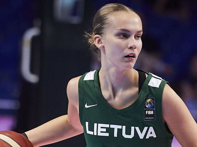 MADRID, SPAIN - JULY 21: #04 Juste Jocyte of Lithuania during Round 16 match of U19 Women's Basketball World Cup between Lithuania and Spain at Wizink Center on July 21, 2023 in Madrid, Spain.