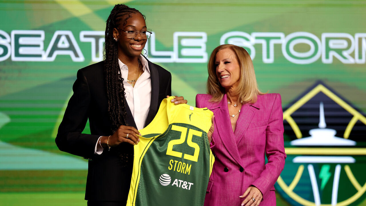 NEW YORK, NEW YORK - APRIL 14: (L-R) Dominique Malonga poses for a photo with WNBA Commissioner Cathy Engelbert after being selected with the second overall pick by the Seattle Storm during the 2025 WNBA Draft at The Shed on April 14, 2025 in New York City.