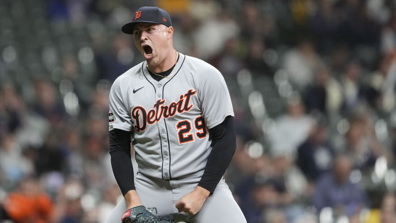 MILWAUKEE, WISCONSIN - APRIL 14: Tarik Skubal #29 of the Detroit Tigers celebrates after striking out Rhys Hoskins #12 of the Milwaukee Brewers during the sixth inning at American Family Field on April 14, 2025 in Milwaukee, Wisconsin.