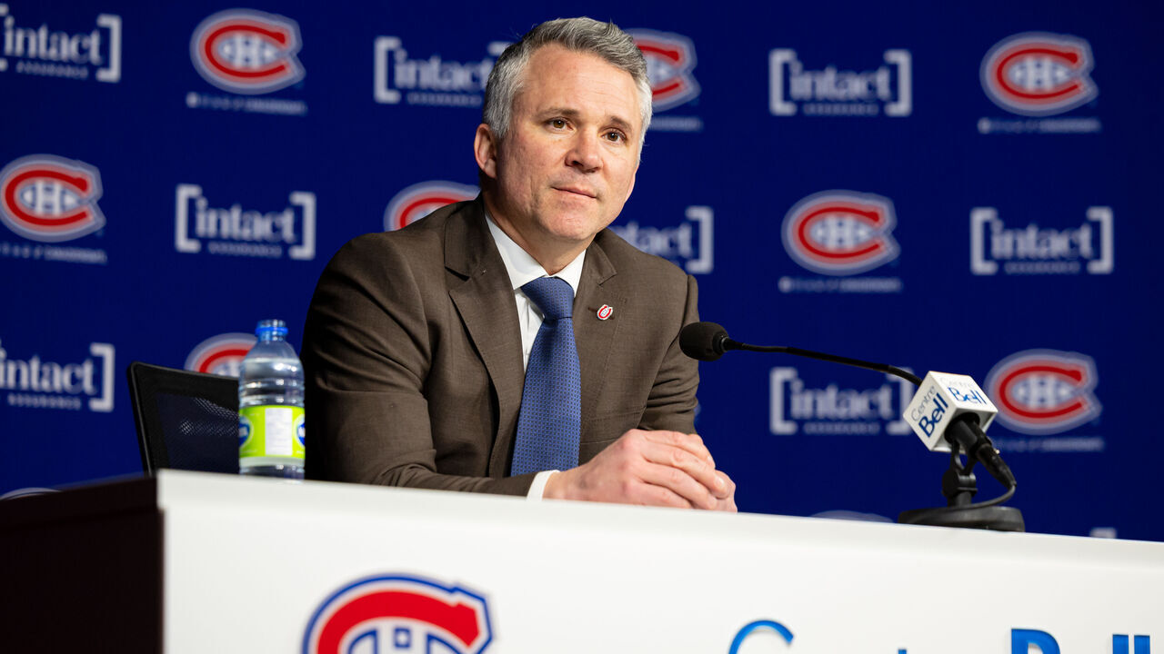 MONTREAL, CANADA- APRIL 5: Montreal Canadiens Head Coach Martin St-Louis speaks to the media after the NHL regular season game against the Philadelphia Flyers at the Bell Centre on April 5, 2025 in Montreal, Quebec, Canada. The Montreal Canadiens defeated the Philadelphia Flyers by a score of 3-2.