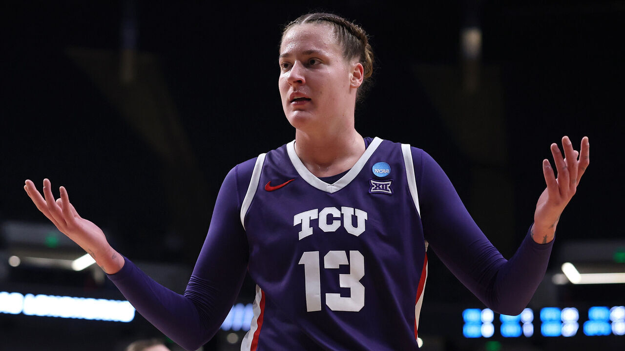 BIRMINGHAM, ALABAMA - MARCH 31: Sedona Prince #13 of the TCU Horned Frogs reacts during the second half against the Texas Longhorns in the Elite Eight round of the NCAA Women's Basketball Tournament at Legacy Arena at the BJCC on March 31, 2025 in Birmingham, Alabama.