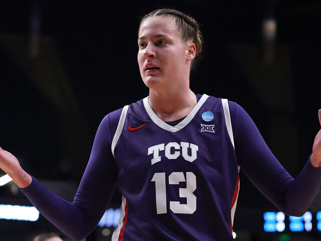 BIRMINGHAM, ALABAMA - MARCH 31: Sedona Prince #13 of the TCU Horned Frogs reacts during the second half against the Texas Longhorns in the Elite Eight round of the NCAA Women's Basketball Tournament at Legacy Arena at the BJCC on March 31, 2025 in Birmingham, Alabama.