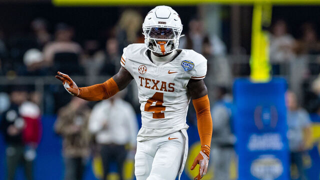 ARLINGTON, TX - JANUARY 10: Texas Longhorns defensive back Andrew Mukuba (#4) lines up before the snap during the CFP Semifinal Cotton Bowl Classic football game between the Ohio State Buckeyes and Texas Longhorns on January 10, 2025 at AT&T Stadium in Arlington, TX.