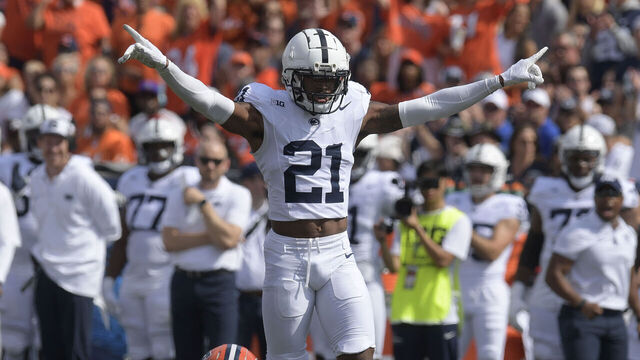 CHAMPAIGN, IL - SEPTEMBER 16: Penn State Nittany Lions Safety Kevin Winston Jr. (21) celebrates after breaking up a pass during the college football game between the Penn State Nittany Lions and the Illinois Fighting Illini on September 16, 2023, at Memorial Stadium in Champaign, Illinois.