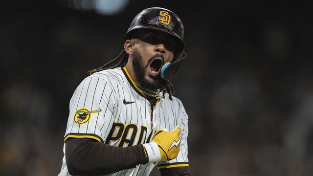 SAN DIEGO, CALIFORNIA - APRIL 14: Fernando Tatis Jr. #23 of the San Diego Padres celebrates after hitting a home run in the eighth inning during the game against the Chicago Cubs at Petco Park on April 14, 2025 in San Diego, California.