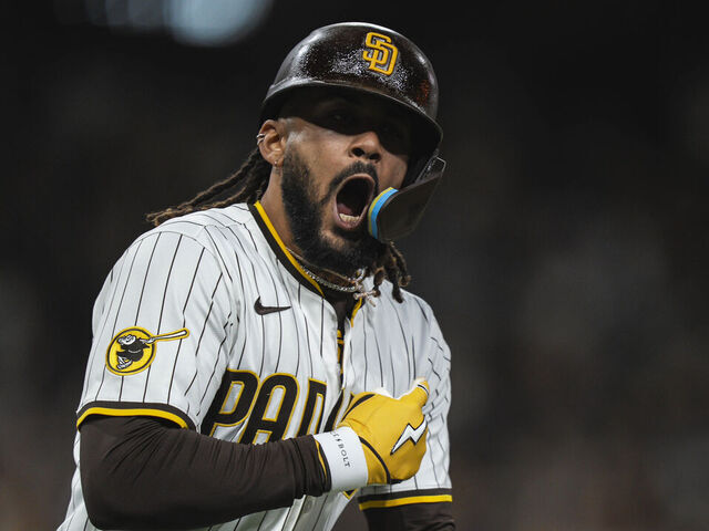 SAN DIEGO, CALIFORNIA - APRIL 14: Fernando Tatis Jr. #23 of the San Diego Padres celebrates after hitting a home run in the eighth inning during the game against the Chicago Cubs at Petco Park on April 14, 2025 in San Diego, California.