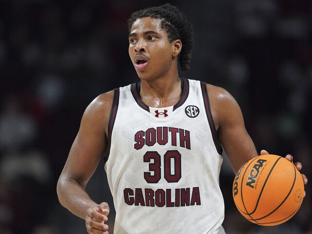 COLUMBIA, SOUTH CAROLINA - FEBRUARY 1: Collin Murray-Boyles (30) of the South Carolina Gamecocks dribbles the ball during the second half of an NCAA men's basketball game against the Texas A&M Aggies at Colonial Life Arena on February 1, 2024 in Columbia, South Carolina. The Aggies won 76-72.