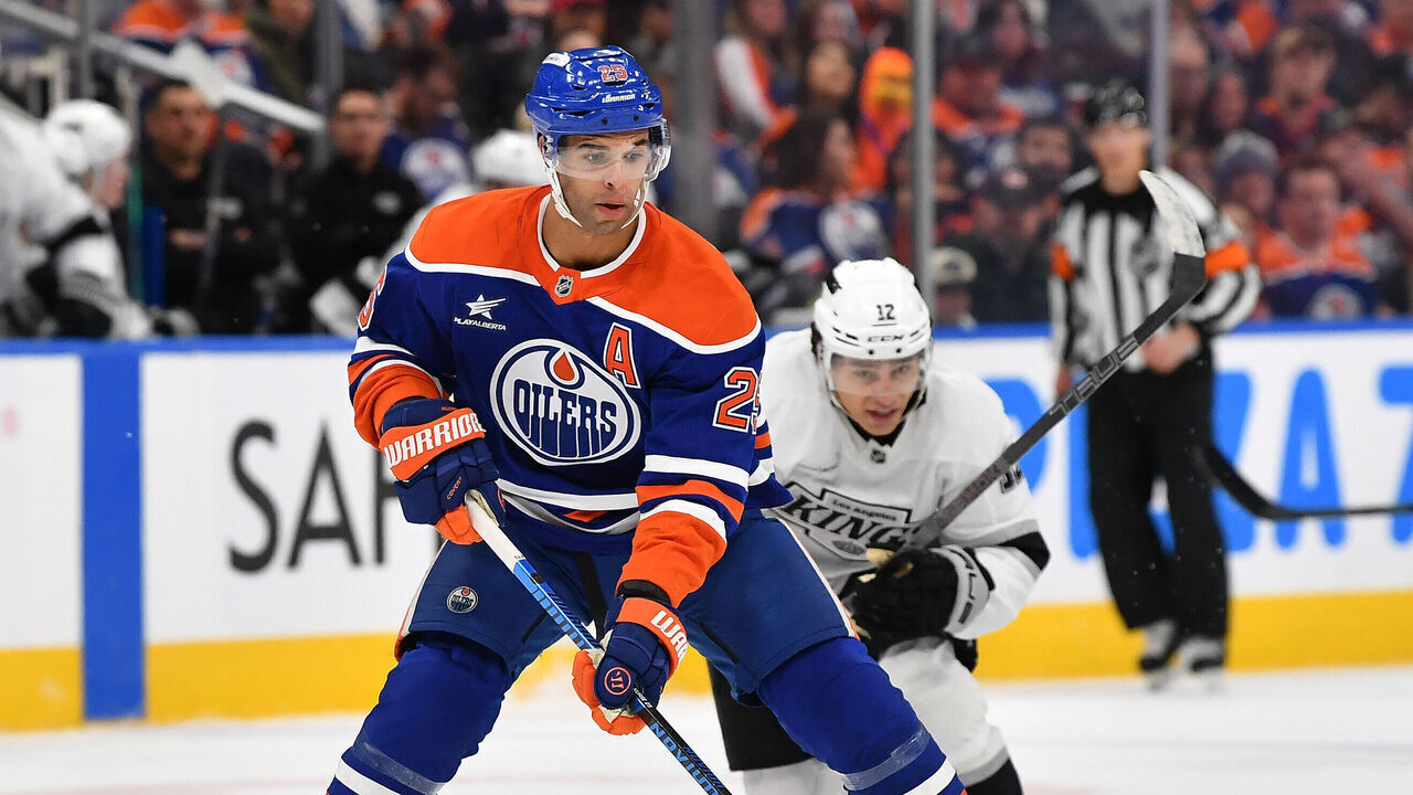 EDMONTON, CANADA - APRIL 14: Darnell Nurse #25 of the Edmonton Oilers skates during the second period of the game against the Los Angeles Kings at Rogers Place on April 14, 2025, in Edmonton, Alberta, Canada.
