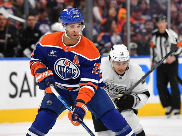 EDMONTON, CANADA - APRIL 14: Darnell Nurse #25 of the Edmonton Oilers skates during the second period of the game against the Los Angeles Kings at Rogers Place on April 14, 2025, in Edmonton, Alberta, Canada.