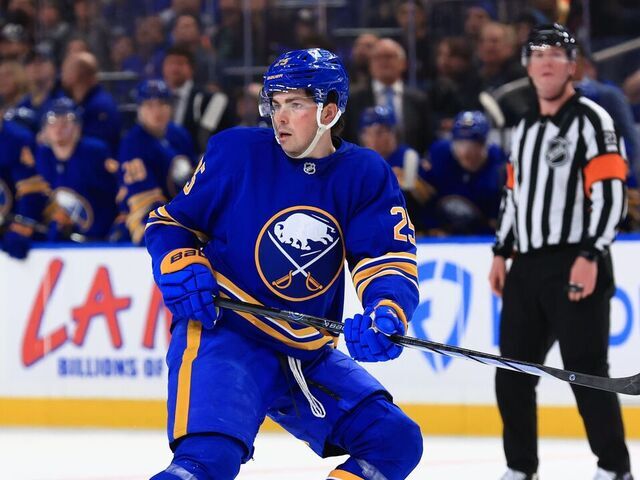 BUFFALO, NEW YORK - APRIL 6: Owen Power #25 of the Buffalo Sabres skates against the Boston Bruins during an NHL game on April 6, 2025 at KeyBank Center in Buffalo, New York.