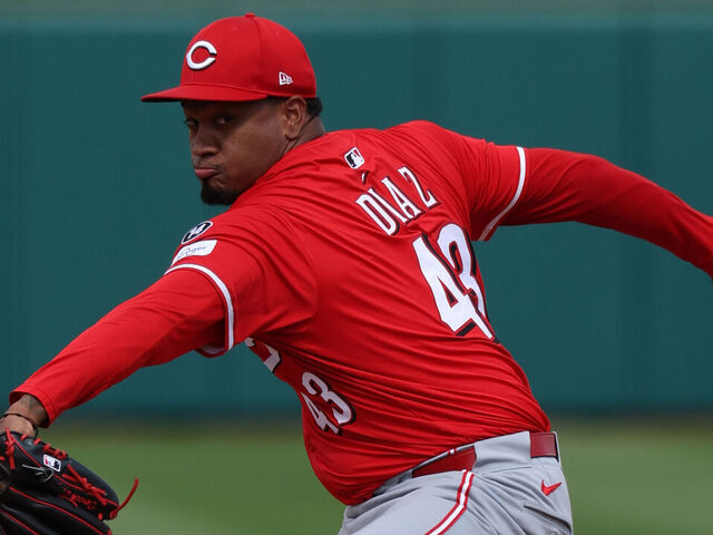 SURPRISE, ARIZONA - MARCH 12: Alexis Diaz #43 of the Cincinnati Reds pitches during the game against the Texas Rangers at Surprise Stadium on March 12, 2025 in Surprise, AZ.