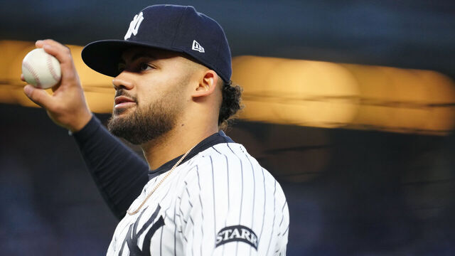 NEW YORK, NY - APRIL 14: Jasson Domínguez #24 of the New York Yankees throws the ball in the first inning during the game between the Kansas City Royals and the New York Yankees at Yankee Stadium on Monday, April 14, 2025 in New York, New York.