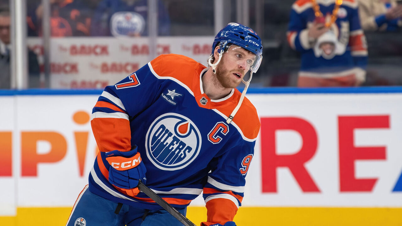 EDMONTON, CANADA - APRIL 11: Connor McDavid #97 of the Edmonton Oilers warms up prior to during the game against the San Jose Sharks at Rogers Place on April 11, 2025, in Edmonton, Alberta, Canada.