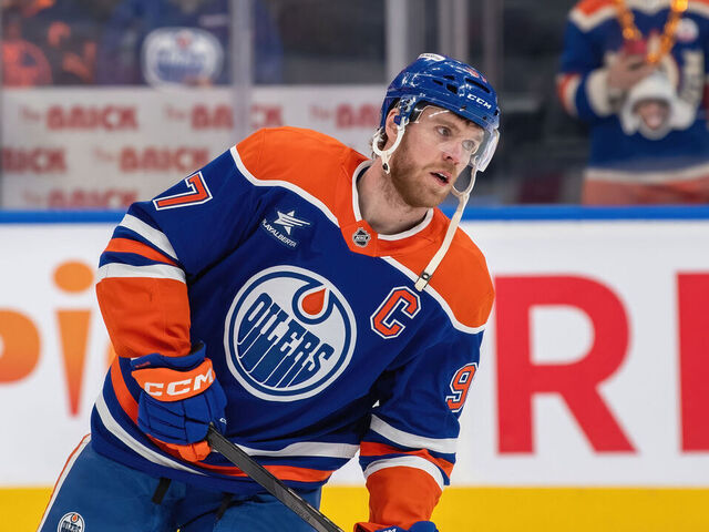 EDMONTON, CANADA - APRIL 11: Connor McDavid #97 of the Edmonton Oilers warms up prior to during the game against the San Jose Sharks at Rogers Place on April 11, 2025, in Edmonton, Alberta, Canada.