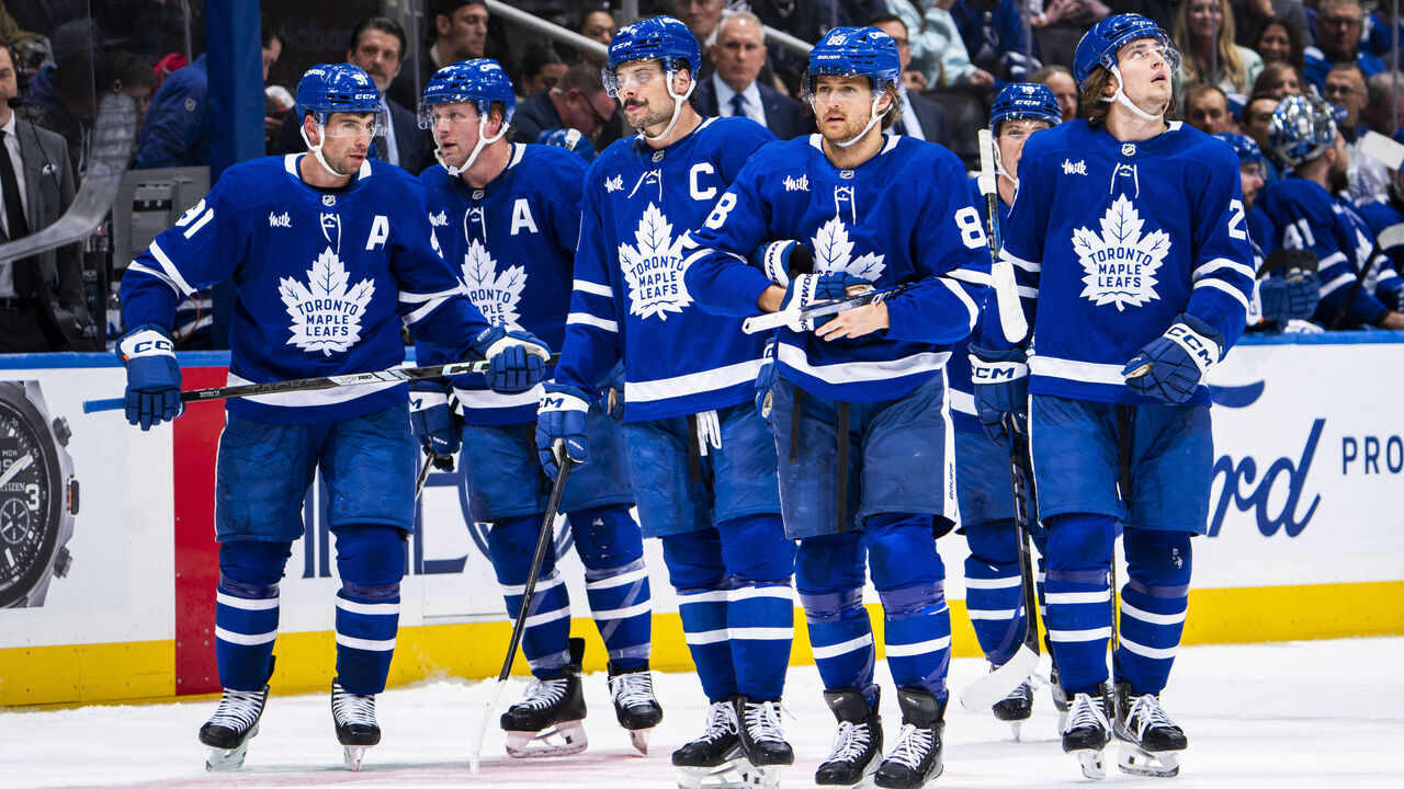 TORONTO, ON - DECEMBER 6: John Tavares #91, Morgan Rielly #44, William Nylander #88, Mitchell Marner #16, Matthew Knies #23 and Auston Matthews #34 of the Toronto Maple Leafs take the ice after a time out against the Washington Capitals during the third period at the Scotiabank Arena on December 6, 2024 in Toronto, Ontario, Canada.