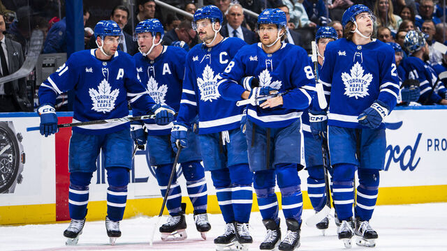 TORONTO, ON - DECEMBER 6: John Tavares #91, Morgan Rielly #44, William Nylander #88, Mitchell Marner #16, Matthew Knies #23 and Auston Matthews #34 of the Toronto Maple Leafs take the ice after a time out against the Washington Capitals during the third period at the Scotiabank Arena on December 6, 2024 in Toronto, Ontario, Canada.