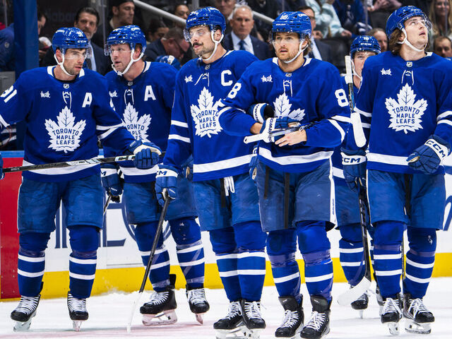 TORONTO, ON - DECEMBER 6: John Tavares #91, Morgan Rielly #44, William Nylander #88, Mitchell Marner #16, Matthew Knies #23 and Auston Matthews #34 of the Toronto Maple Leafs take the ice after a time out against the Washington Capitals during the third period at the Scotiabank Arena on December 6, 2024 in Toronto, Ontario, Canada.