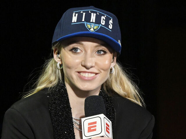 NEW YORK, NY - APRIL 14: Paige Bueckers, the first overall pick by the Dallas Wings talks to the media during the 2025 WNBA Draft on April 14, 2025 at The Shed in New York, New York NOTE TO USER: User expressly acknowledges and agrees that, by downloading and/or using this Photograph, user is consenting to the terms and conditions of the Getty Images License Agreement. Mandatory Copyright Notice: Copyright 2025 NBAE