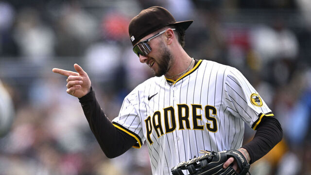 SAN DIEGO, CALIFORNIA - APRIL 02: Jackson Merrill #3 of the San Diego Padres gestures after the game against the Cleveland Guardians at Petco Park on April 02, 2025 in San Diego, California.