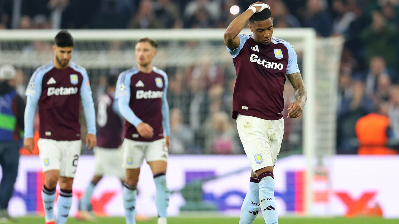 BIRMINGHAM, ENGLAND - APRIL 15: Ezri Konsa of Aston Villa reacts after the UEFA Champions League 2024/25 Quarter Final Second Leg match between Aston Villa FC and Paris Saint-Germain at Villa Park on April 15, 2025 in Birmingham, England.